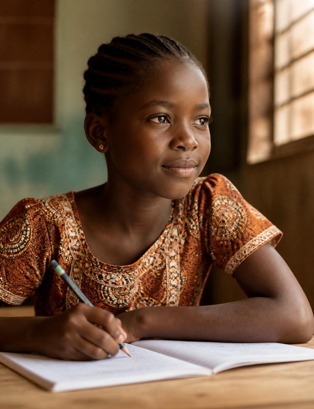 Young Nigerian girl writing in a notebook, sunlight on her face